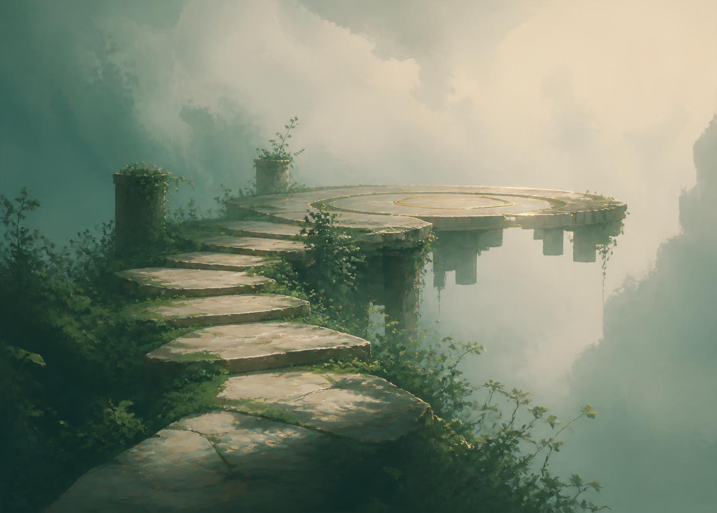 A painterly path of stepping stones leading toward a misty, unfinished floating platform