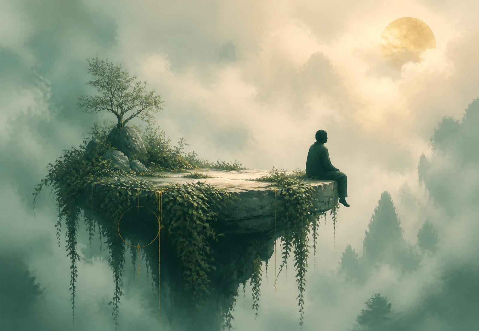A tranquil floating island of lush green foliage above soft misty mountains at dawn