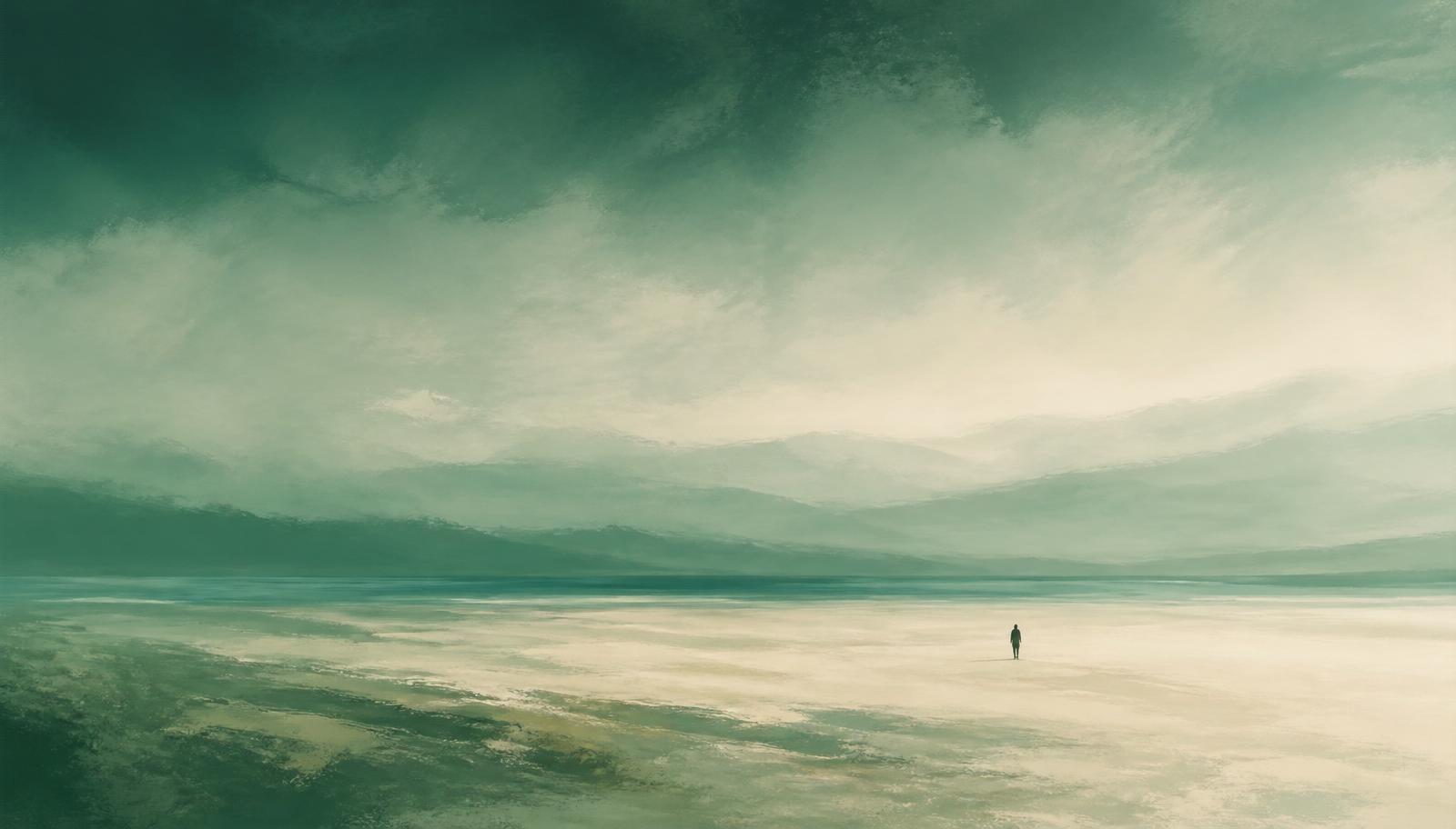 A soft painterly horizon with a single distant figure crossing a vast calm landscape